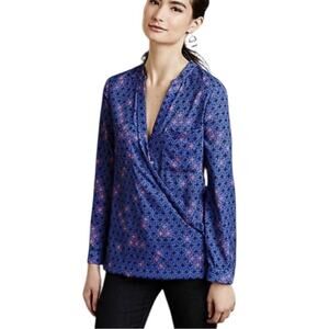 Maeve Anthropologie Blue Eva Print Faux Wrap Blouse sz 0 but Fits like a Small